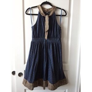 Anthropologie Women‎ XS Deletta Windsor Neck Knot Tie Dress Navy Yellow Casual